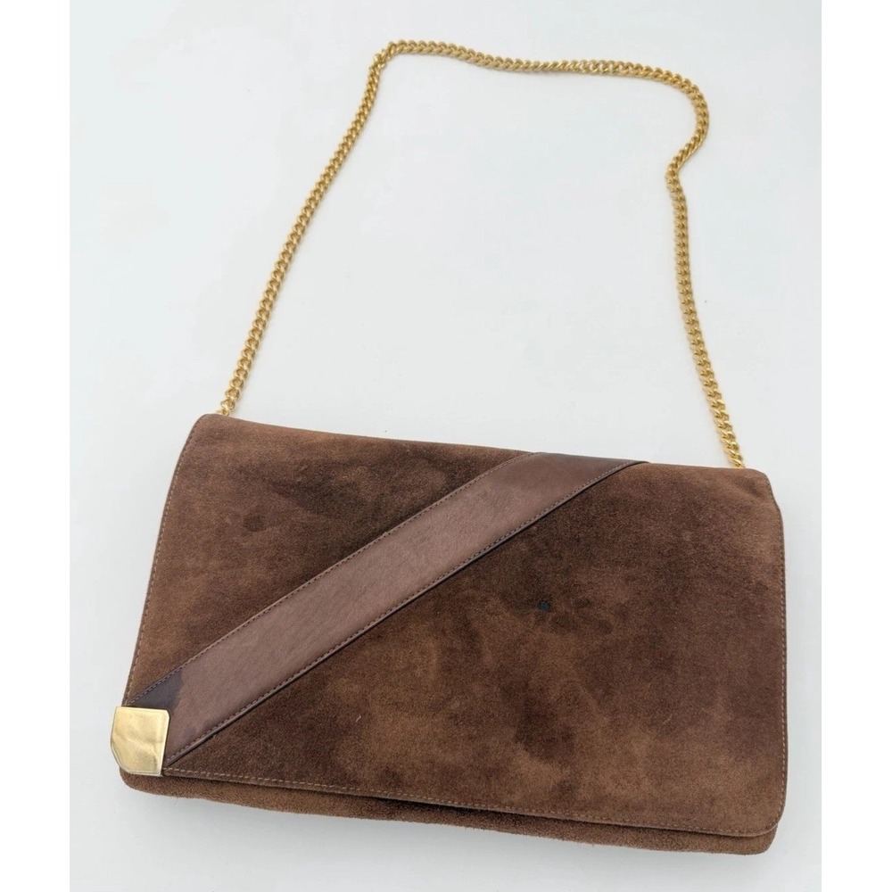 Vintage Brown Suede Clutch Shoulder Bag Gold Chain Leather Evening Purse